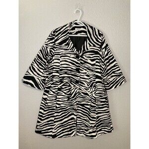 Women's Trench Peacoat L Zebra Stretch Animal Print Black & White Button Up Glam